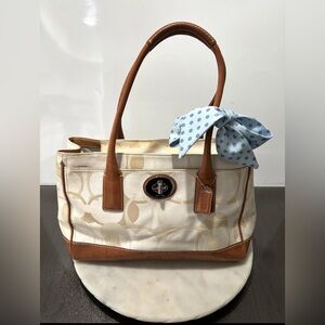 Coach Cream Canvas Leather Handbag 11821 Blue Scarf Bow Purse with Dust Bag NICE